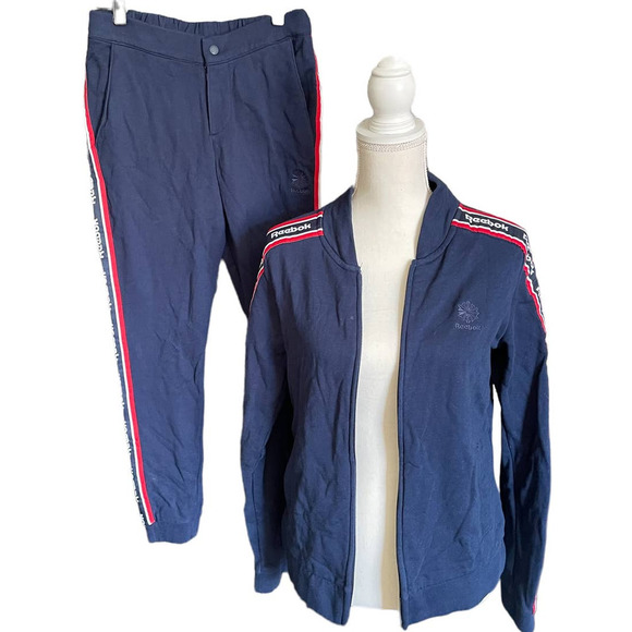Reebok Womens Jacket & Pant Tracksuit Elastic Waist Logo Trim Size S Blue - Picture 2 of 11